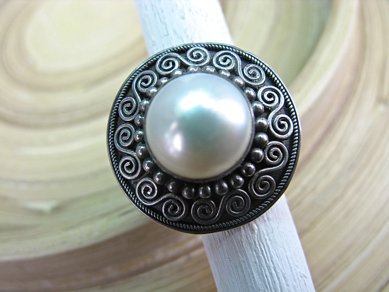 Balinese Pearl Handmade Round Oxidized 925 Sterling Silver Ring Ring - Faith Owl