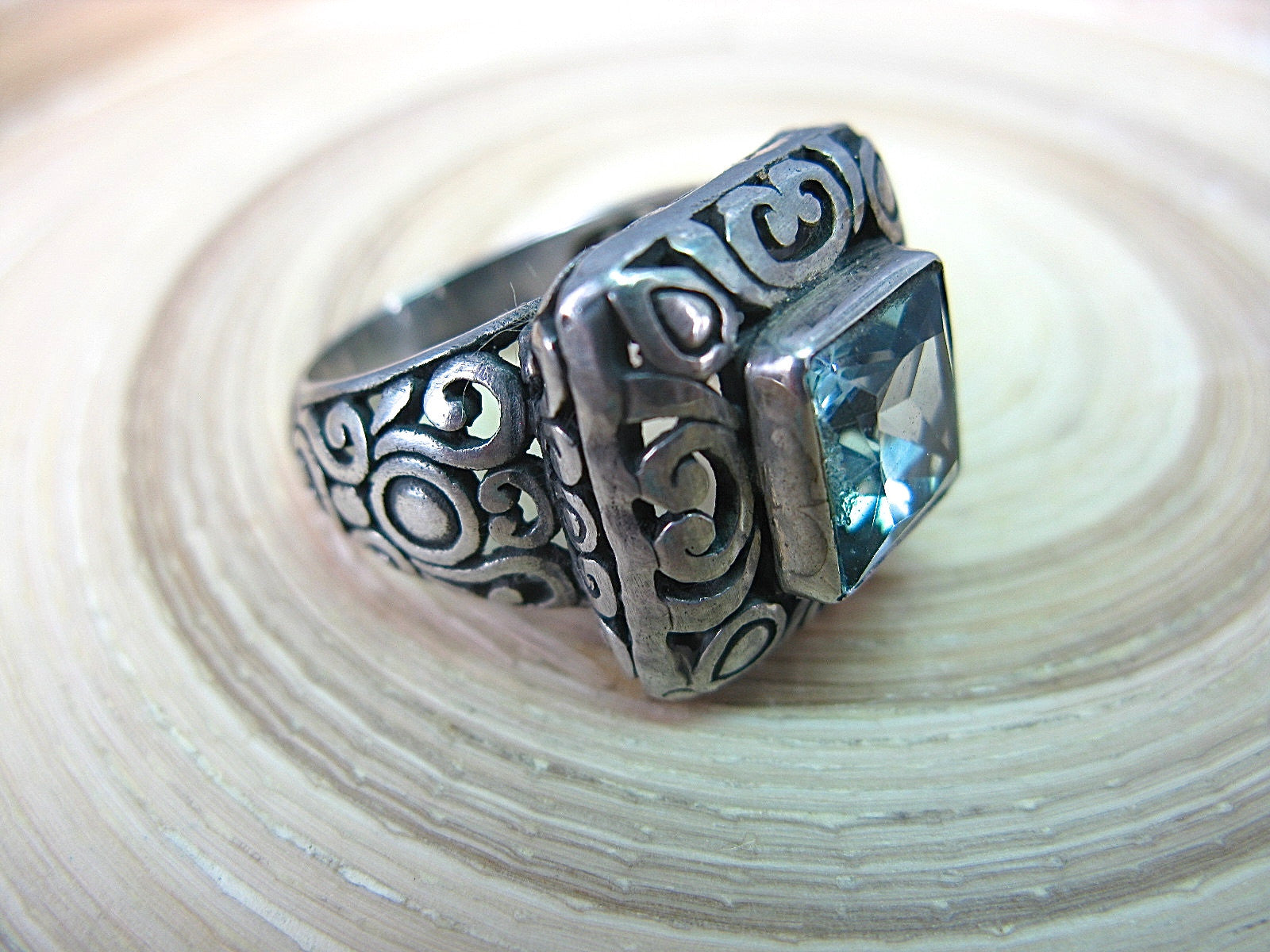 Balinese Blue Topaz Large Filigree Square 925 Sterling Silver Ring Ring - Faith Owl