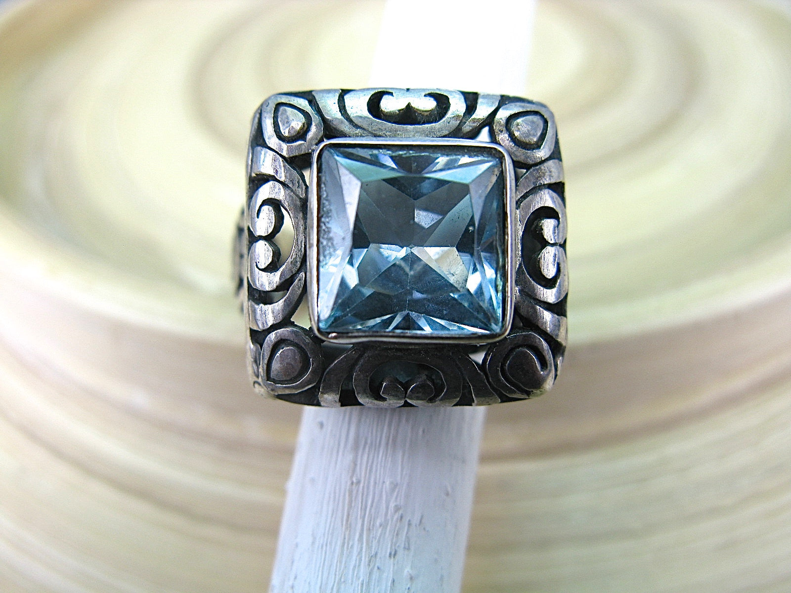 Balinese Blue Topaz Large Filigree Square 925 Sterling Silver Ring Ring - Faith Owl