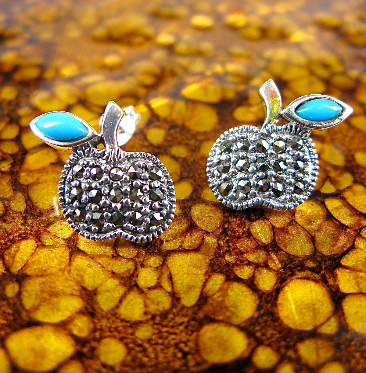 Apple Turquoise Marcasite 925 Sterling Silver Earrings Stud Stud - Faith Owl