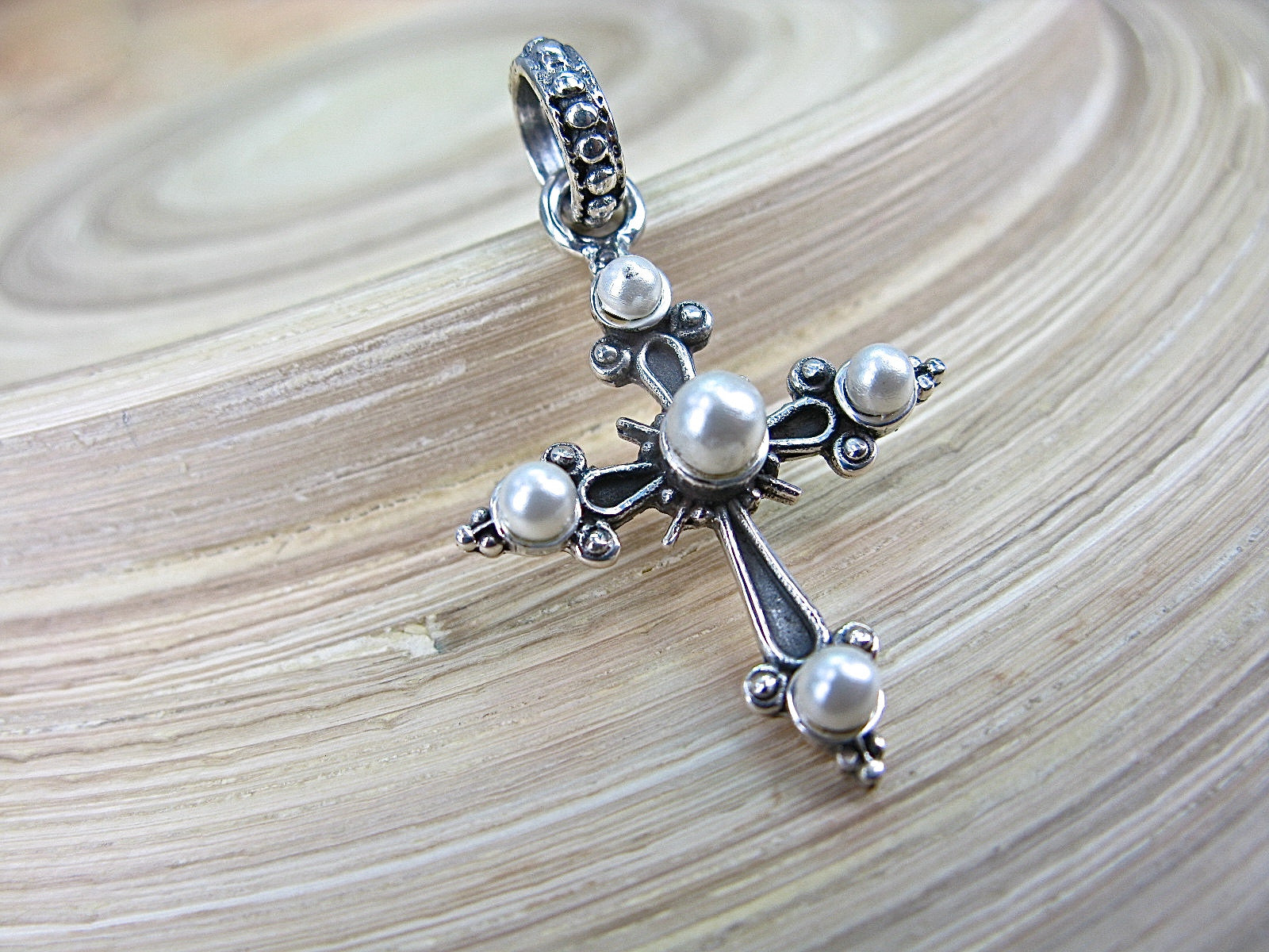 Cross Pearl Oxidized 925 Sterling Silver Pendant Pendant - Faith Owl