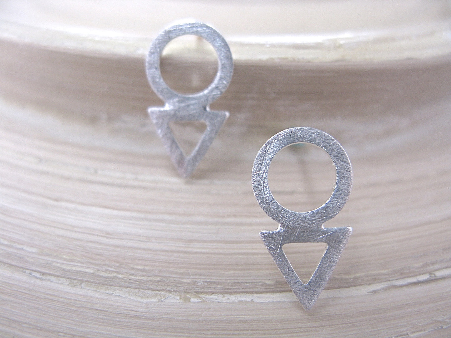 Geometric Round Circle Triangle Filigree Matte 925 Sterling Silver Stud Earrings