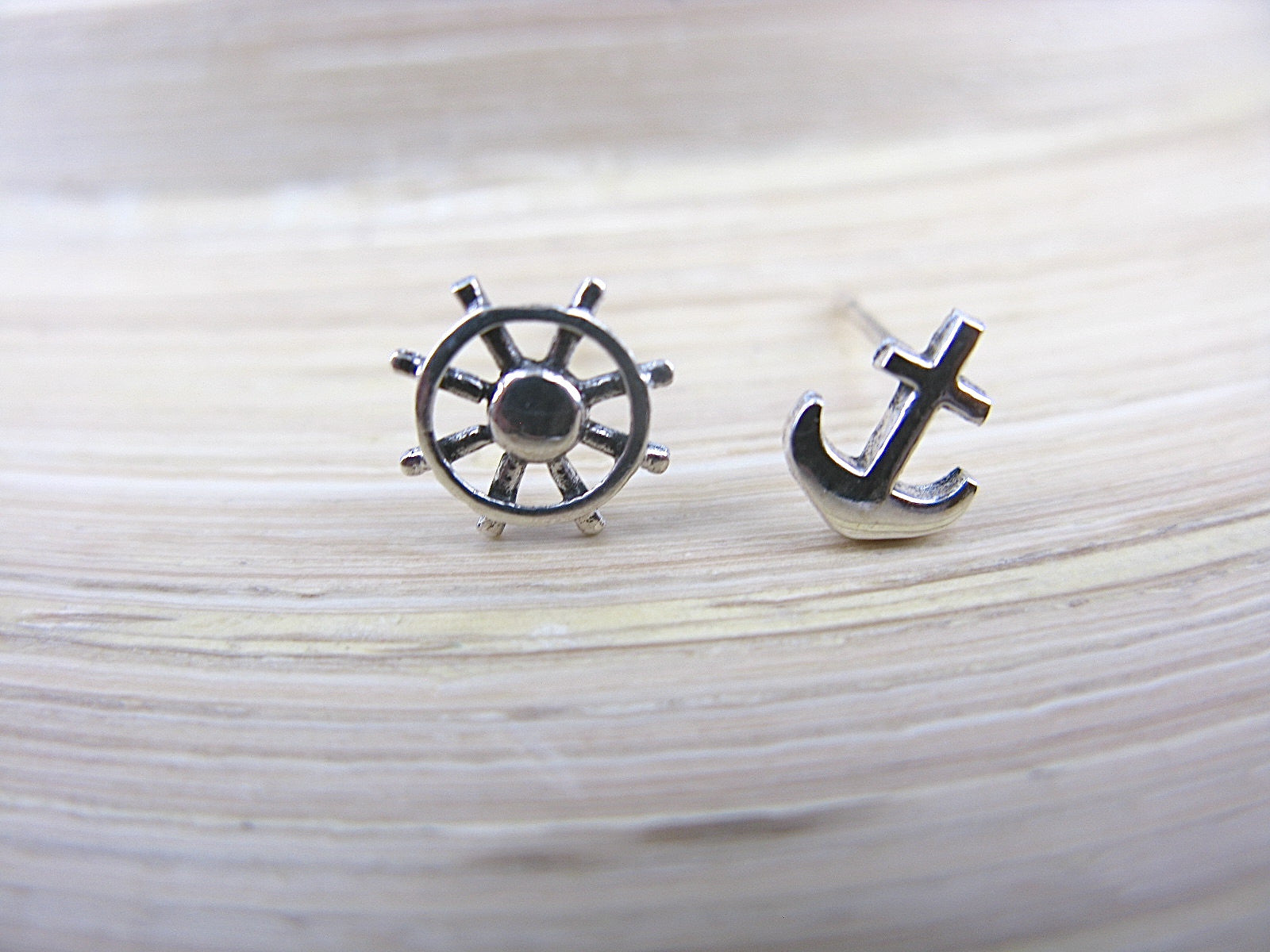 Anchor Ship Wheel 925 Sterling Silver Stud Earrings  - Faith Owl