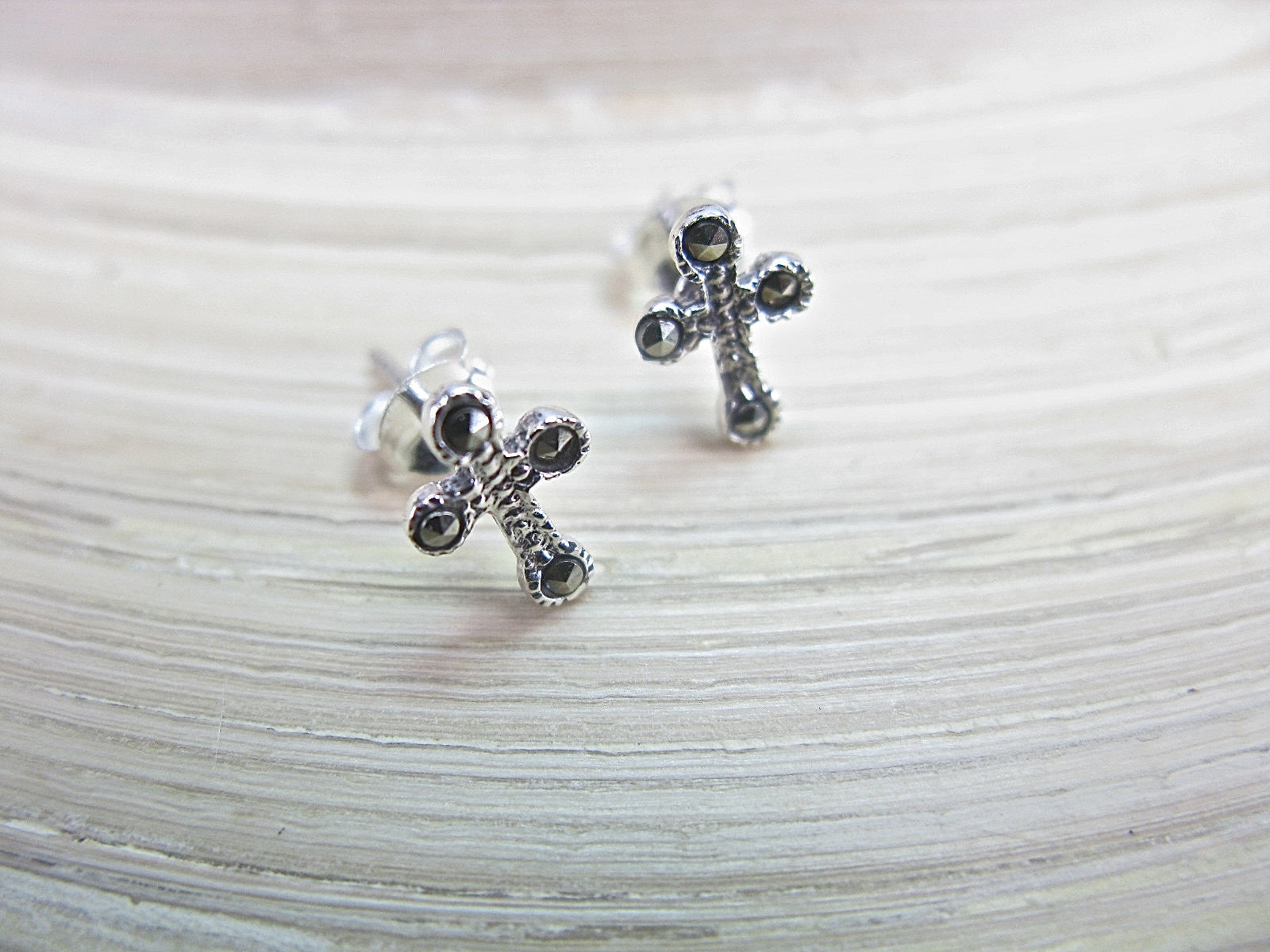 Cross Religious Marcasite 925 Sterling Silver Stud Earrings Stud Faith Owl - Faith Owl