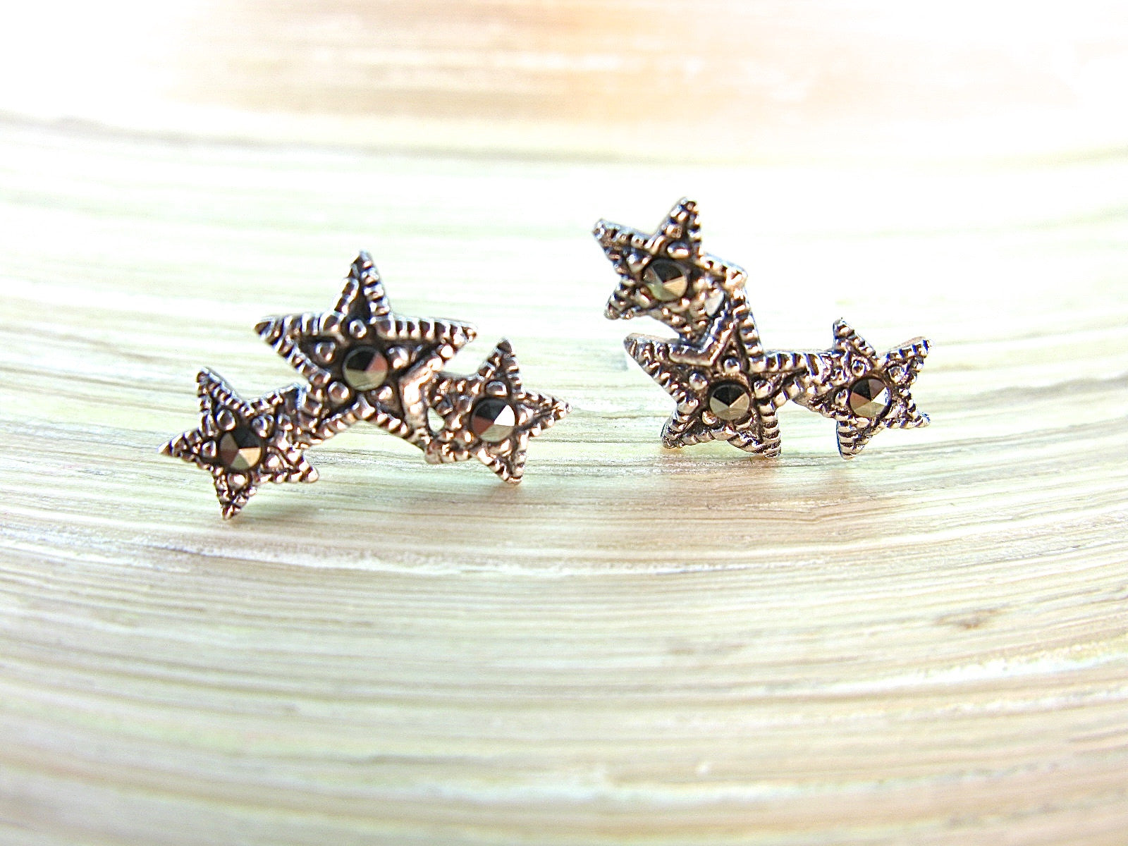 3 Stars Crescent Moon Marcasite 925 Sterling Silver Stud Earrings Stud - Faith Owl
