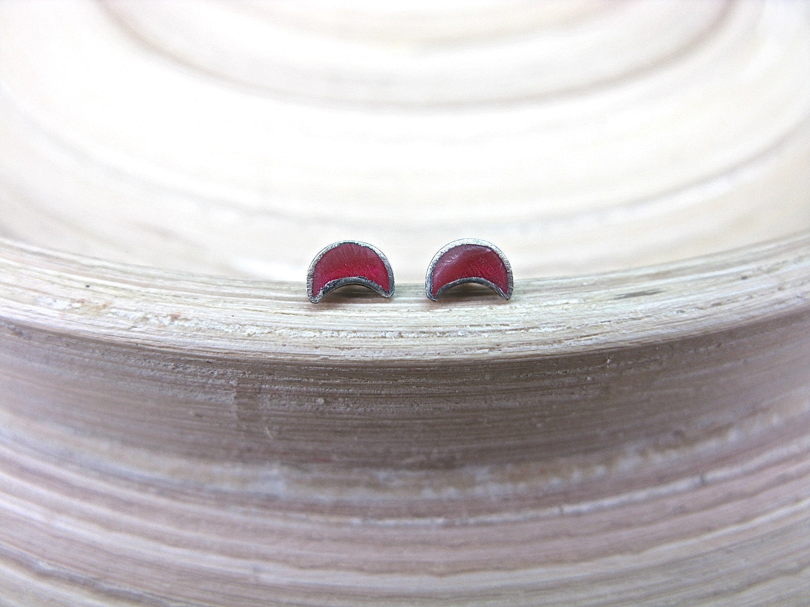 3mm Red Coral Crescent Moon Stud Earrings Minimalist 925 Sterling Silver