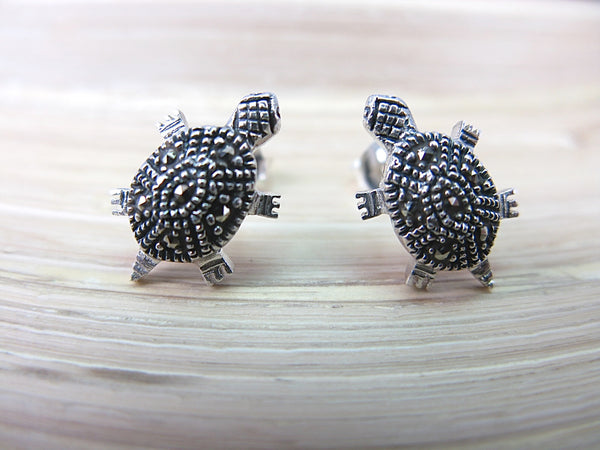 Turtle Marcasite Stud Earrings in 925 Sterling Silver