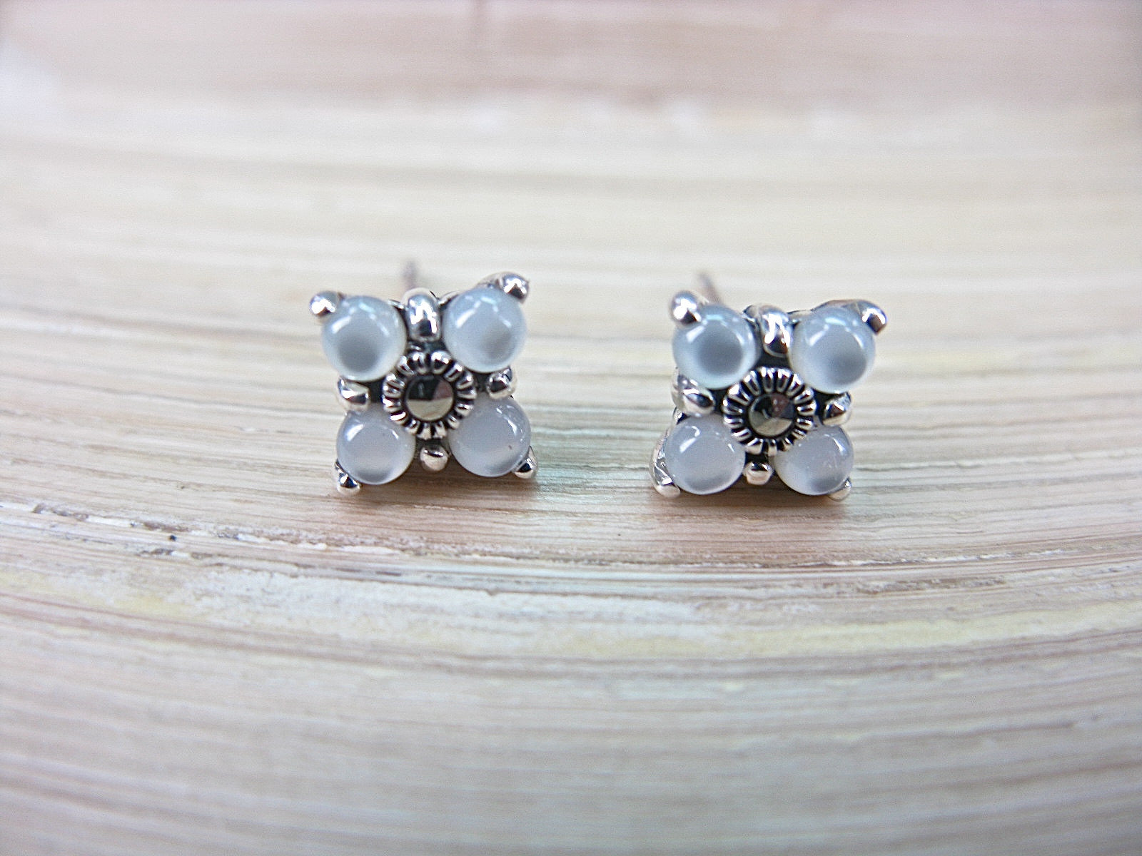 Mother of Pearl Marcasite Stud Earrings in 925 Sterling Silver Stud Faith Owl - Faith Owl