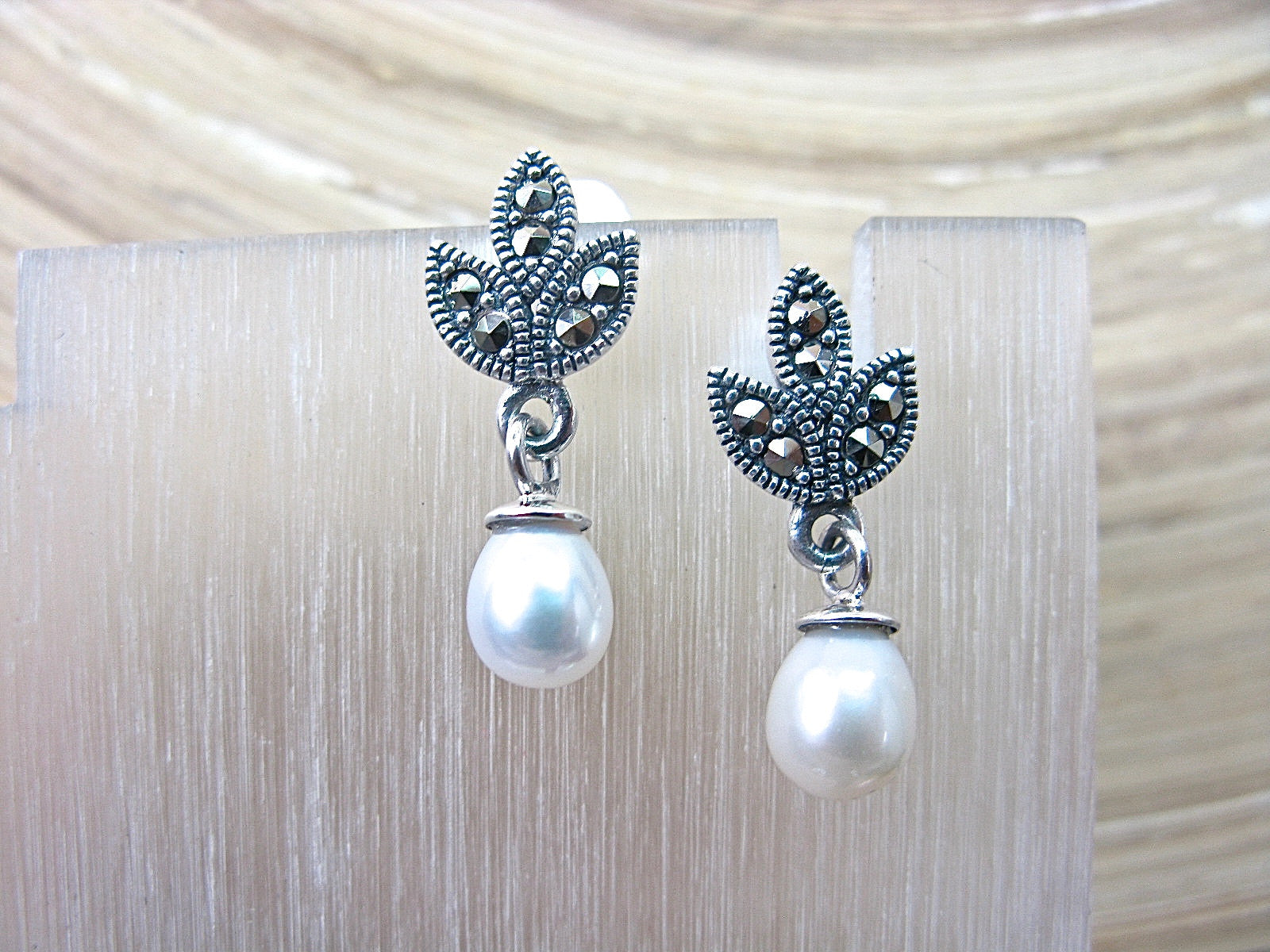 Marcasite Pearl Drop Earrings in 925 Sterling Silver Earrings Faith Owl - Faith Owl