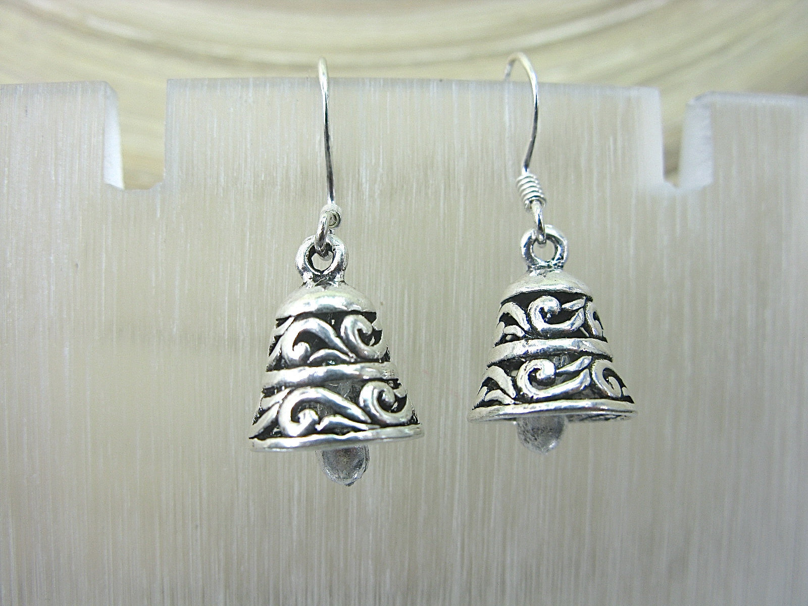 Bell Engrave Oxidized Dangle Drop 925 Sterling Silver Earrings Earrings - Faith Owl