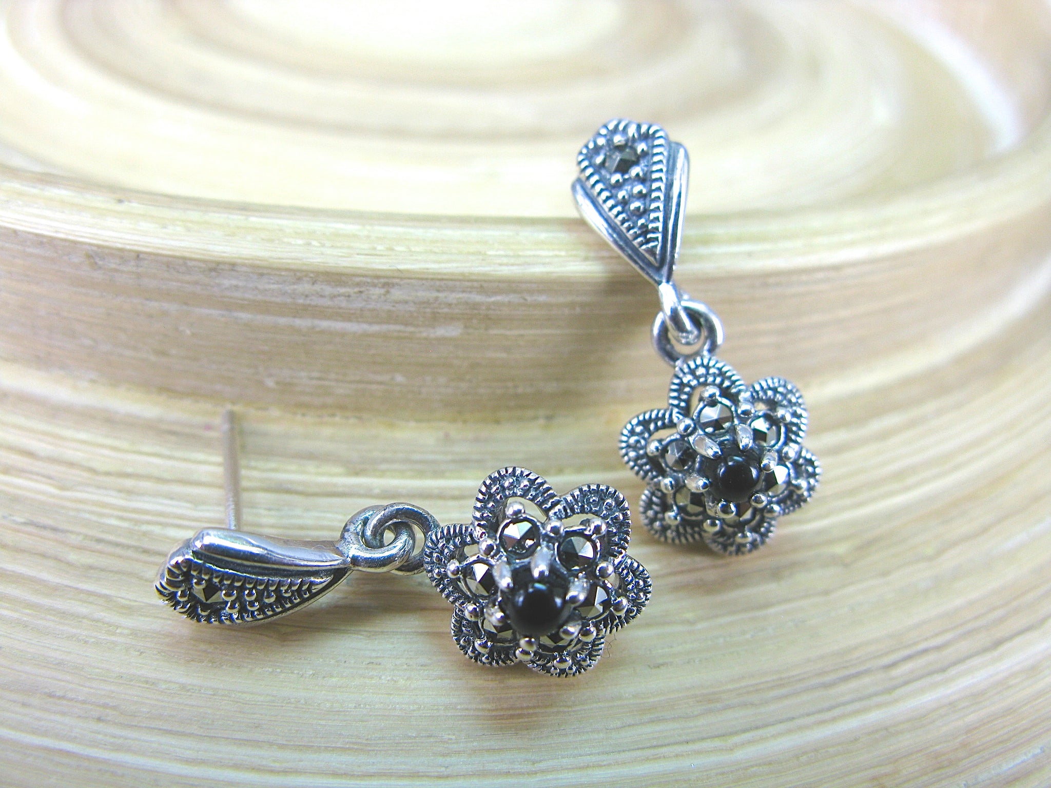 Flower Marcasite Onyx Dangle 925 Sterling Silver Earrings