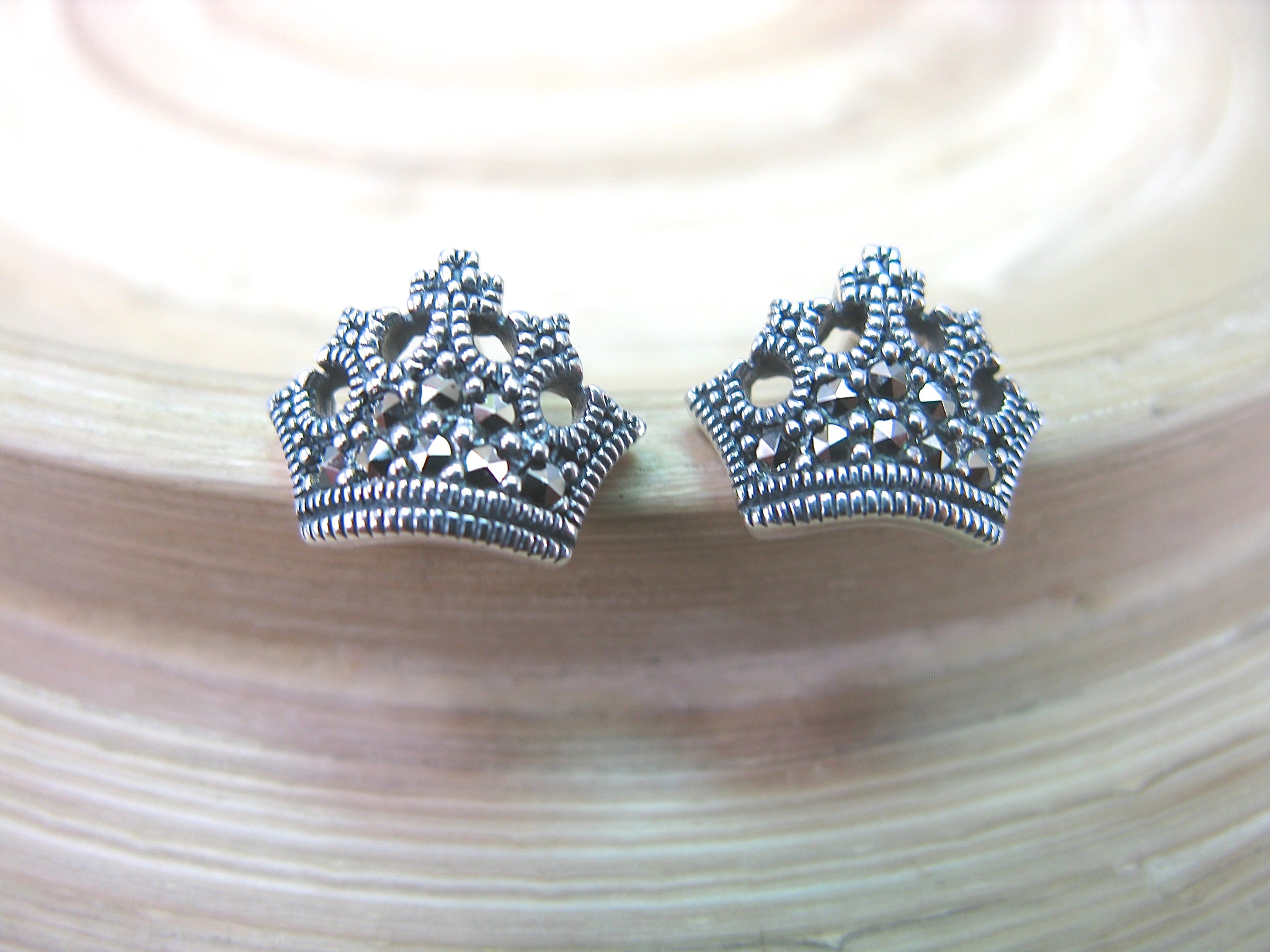 Crown Tiara Marcasite 925 Sterling Silver Stud Earrings