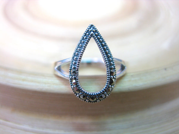 Pear Shaped Water Drop Marcasite Filigree Ring in 925 Sterling Silver
