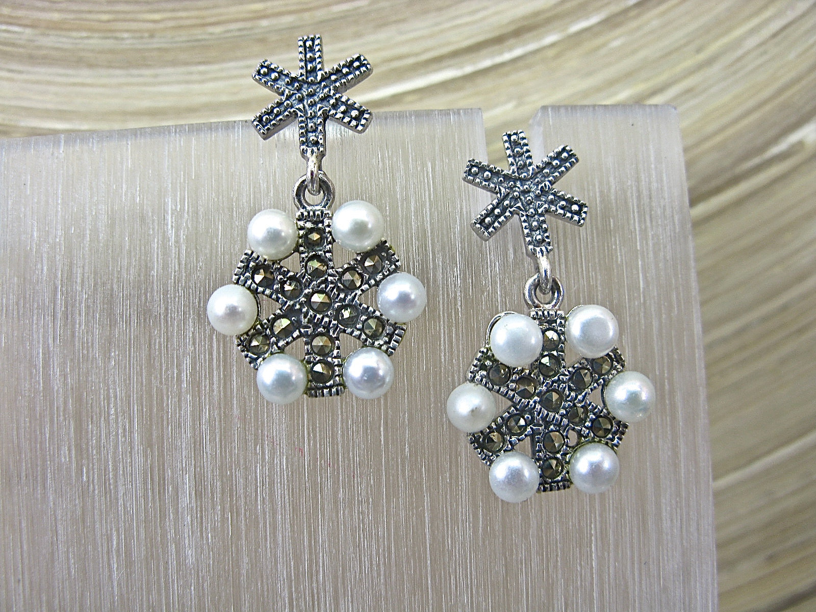 Marcasite Snowflake Vintage Pearl 925 Sterling Silver Earrings Earrings Faith Owl - Faith Owl