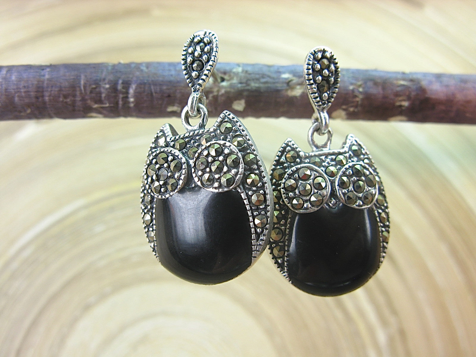 Owl Marcasite Onyx Drop 925 Sterling Silver Earrings Earrings Faith Owl - Faith Owl