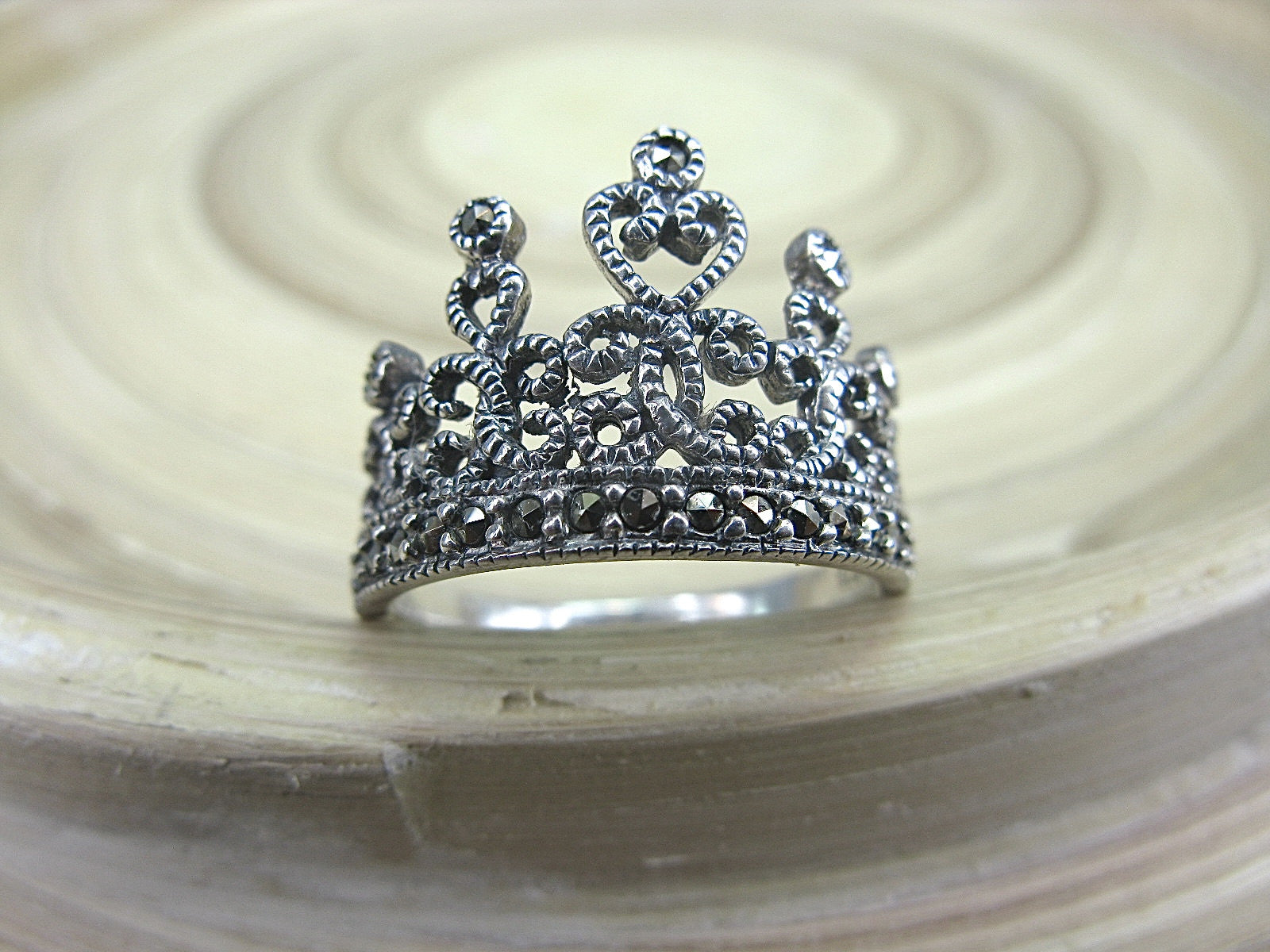 Crown Tiara Marcasite Vintage 925 Sterling Silver Ring Ring Faith Owl - Faith Owl
