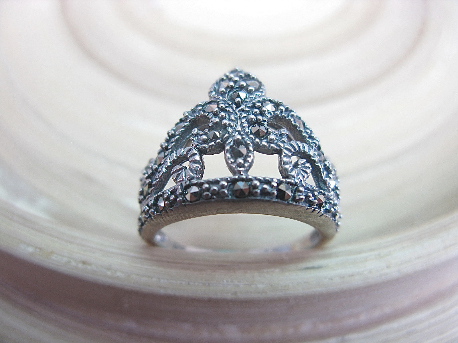 Crown Marcasite Filigree Tiara Vintage 925 Sterling Silver Ring Ring - Faith Owl