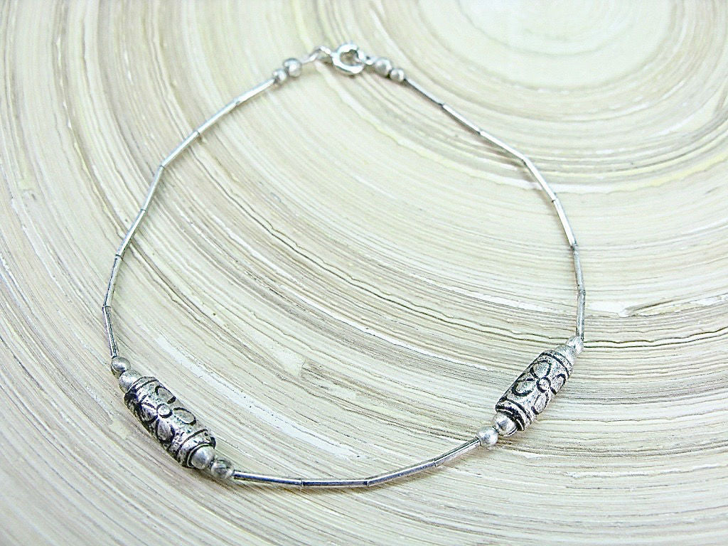 Silver Bead Tribal Engrave Flower Oxidized 925 Sterling Silver Bracelet
