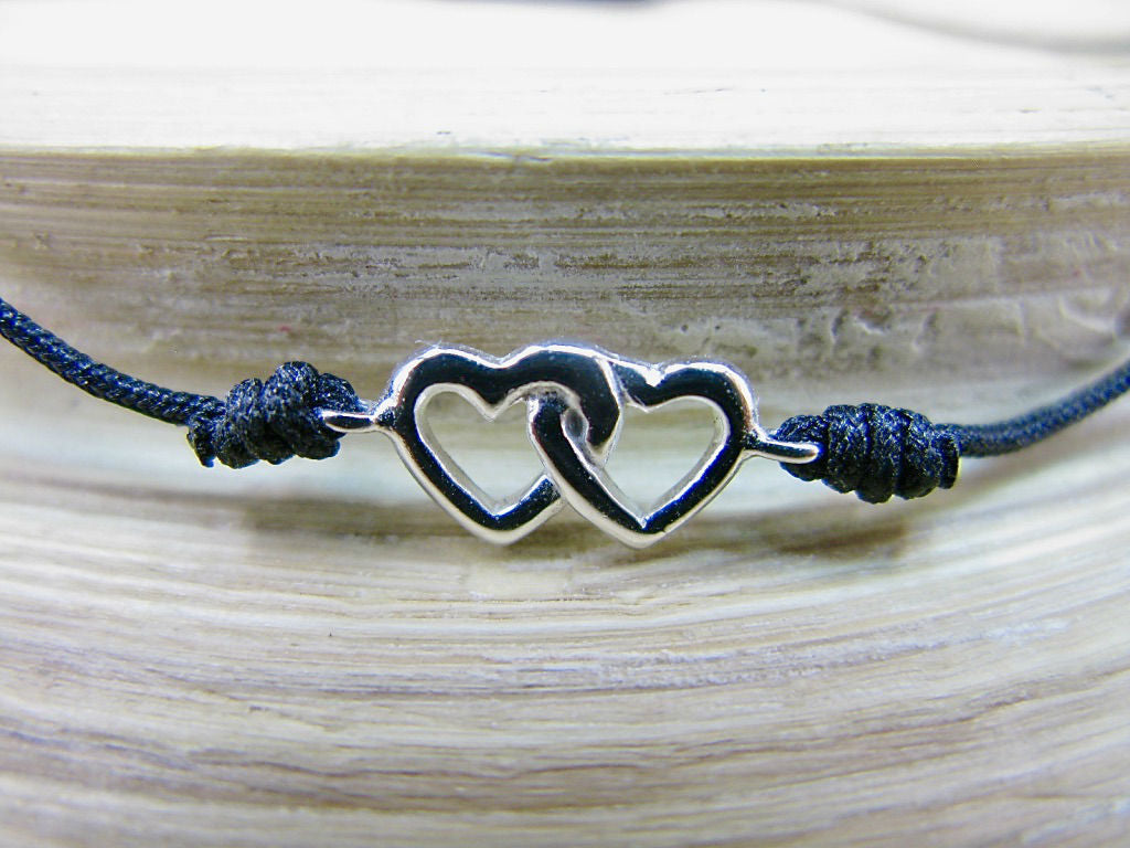 2 Hearts 925 Sterling Silver Adjustable String Bracelet