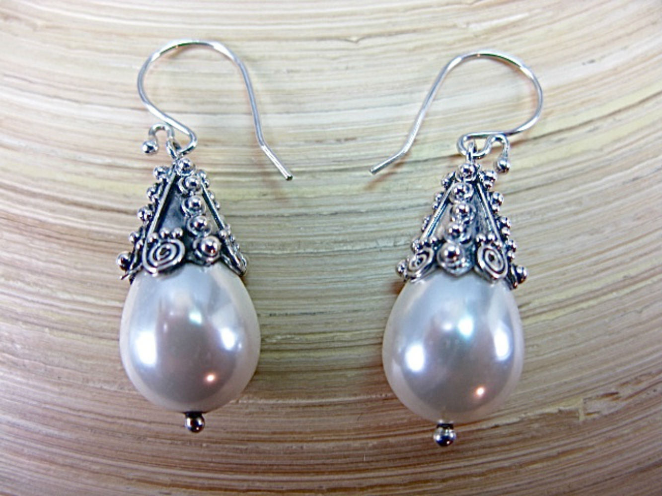 Handmade Balinese Bead Pearl Oxidized 925 Sterling Silver Earrings