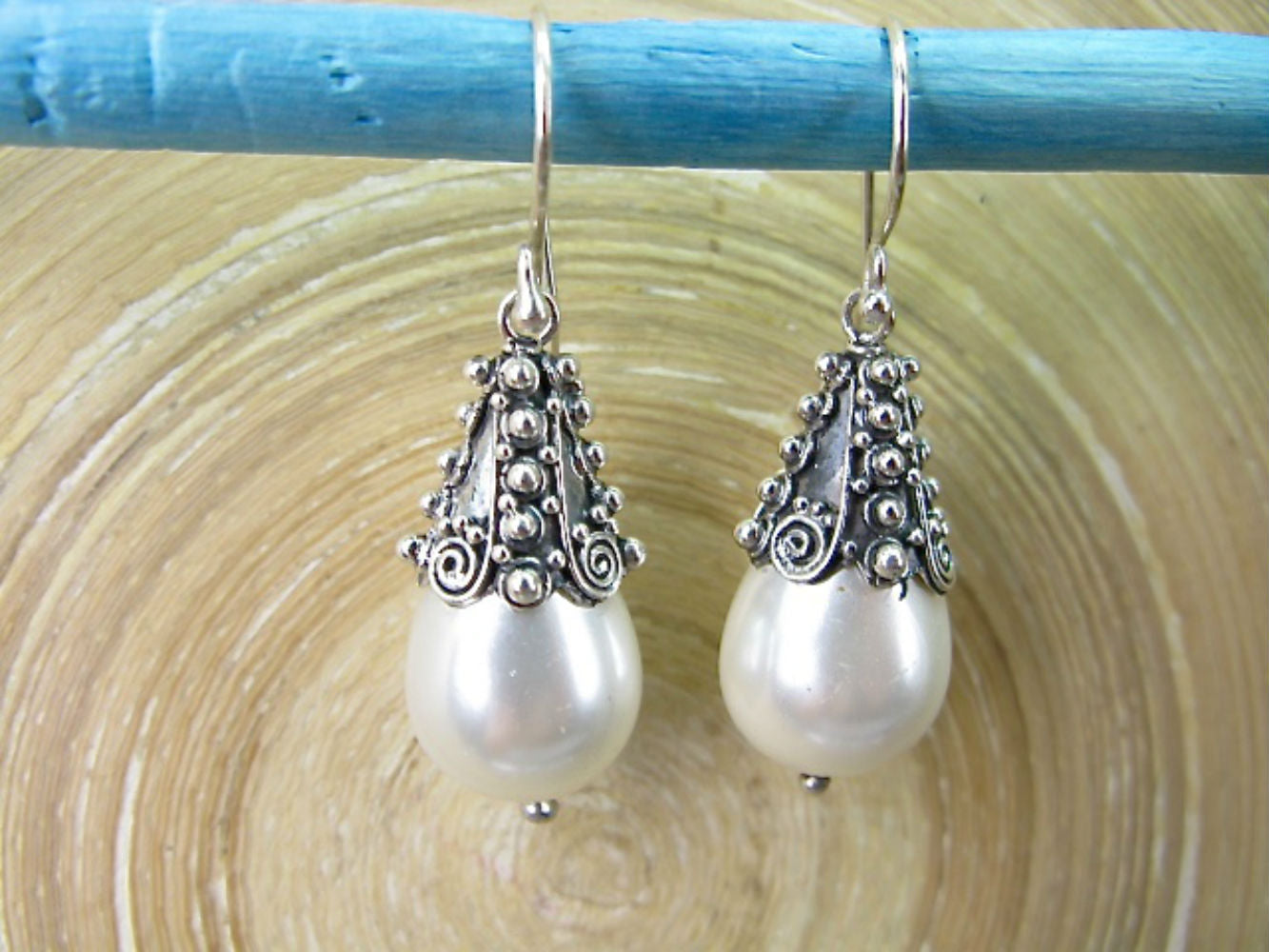 Handmade Balinese Bead Pearl Oxidized 925 Sterling Silver Earrings