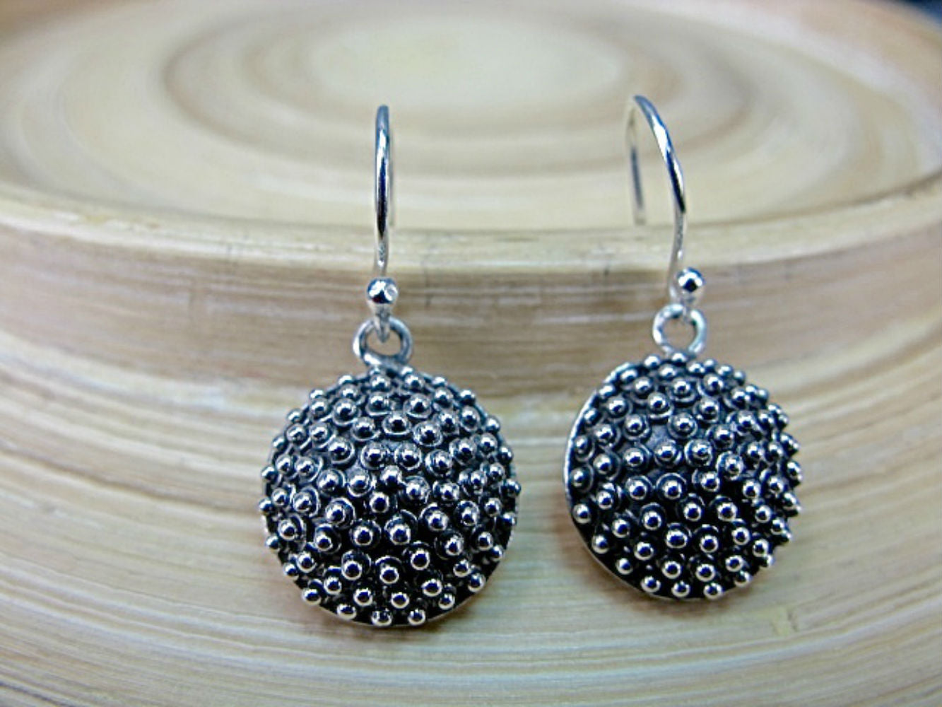 Sea Urchin Handmade Balinese Oxidized 925 Sterling Silver Ear Wire Earrings