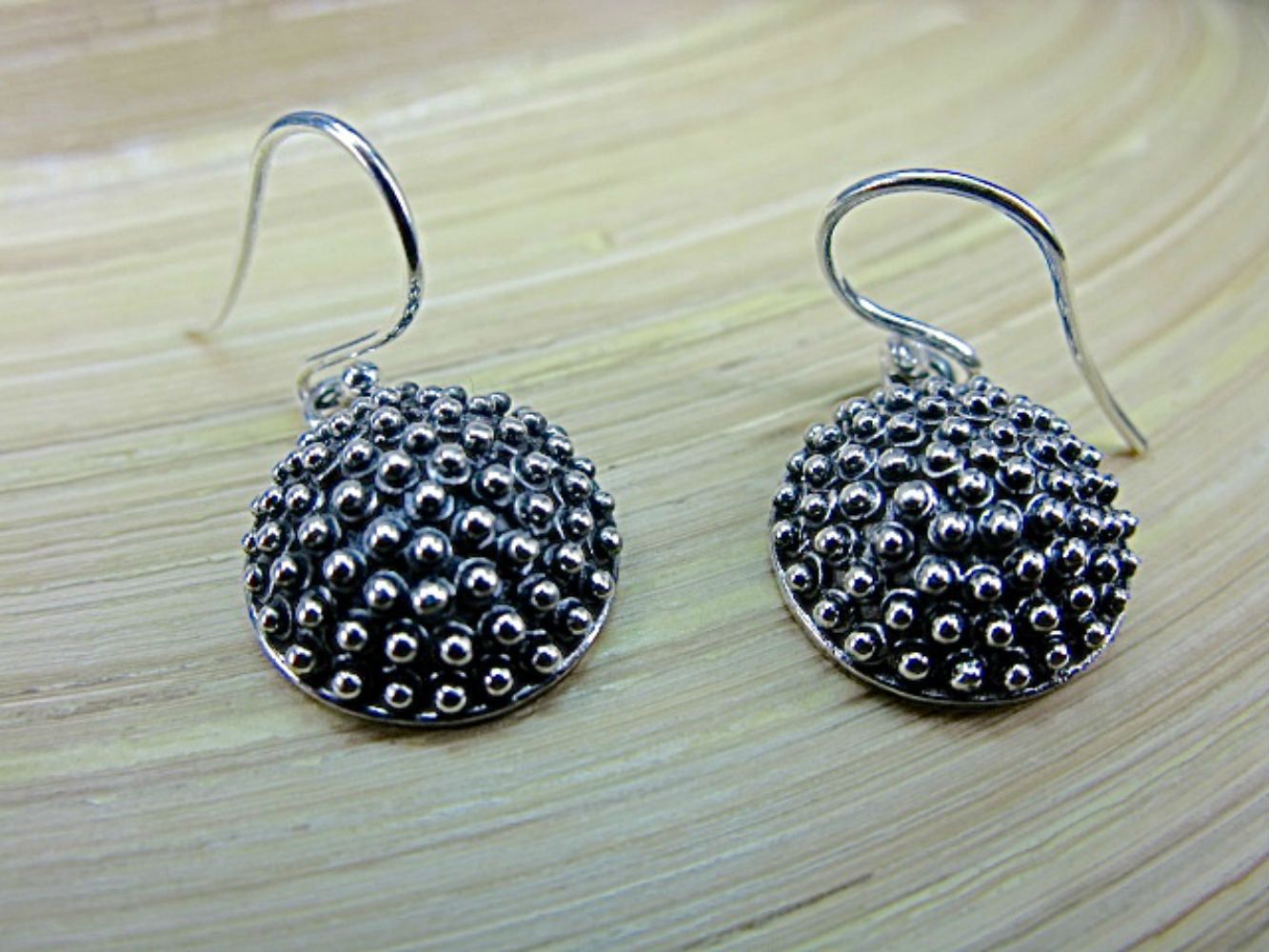 Sea Urchin Handmade Balinese Oxidized 925 Sterling Silver Ear Wire Earrings
