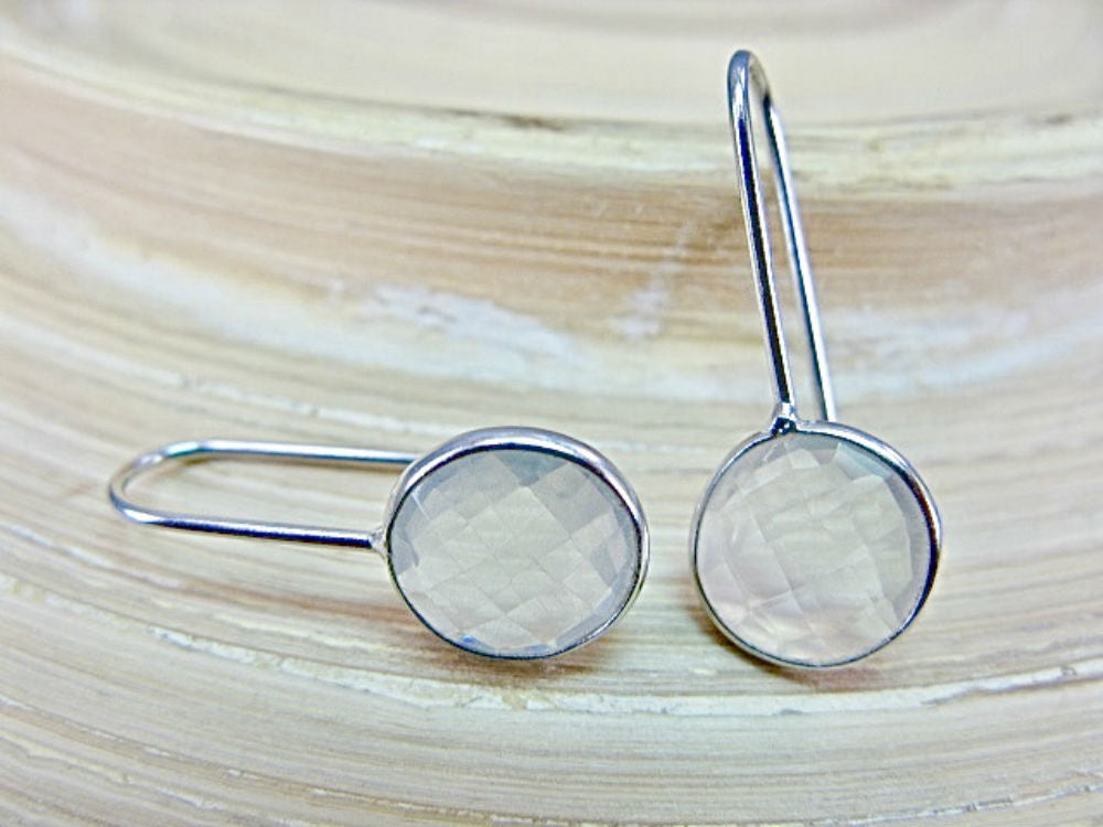Rock Crystal Round 925 Sterling Silver Long Ear Wire Earrings