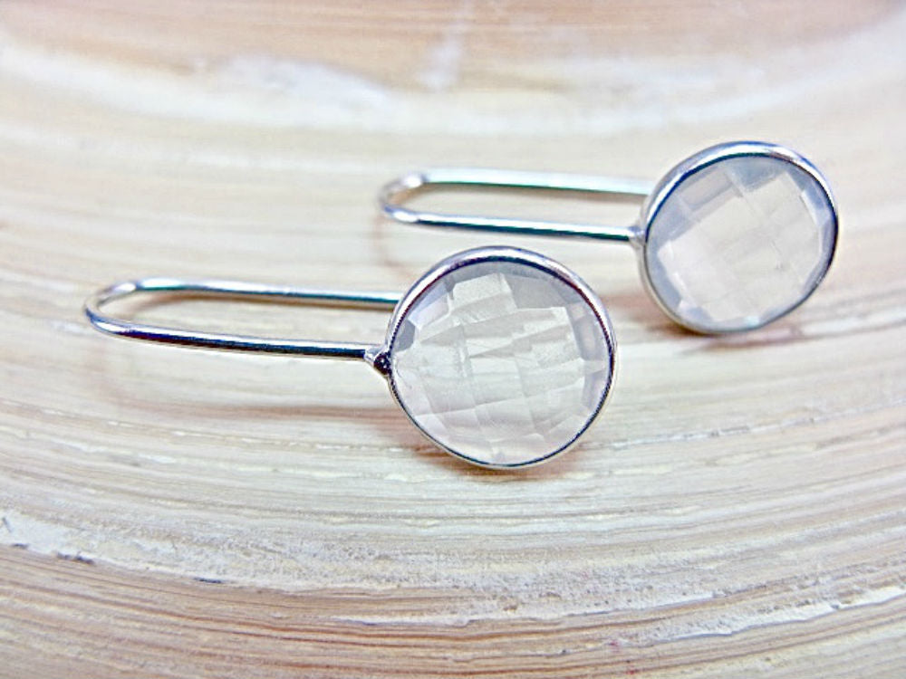 Rock Crystal Round 925 Sterling Silver Long Ear Wire Earrings