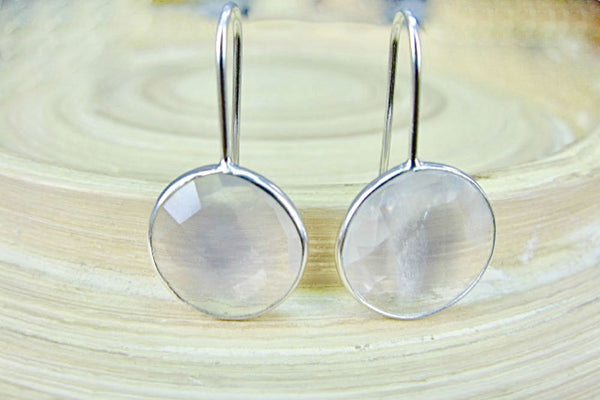 Large Rock Crystal Round 925 Sterling Silver Long Ear Wire Earrings