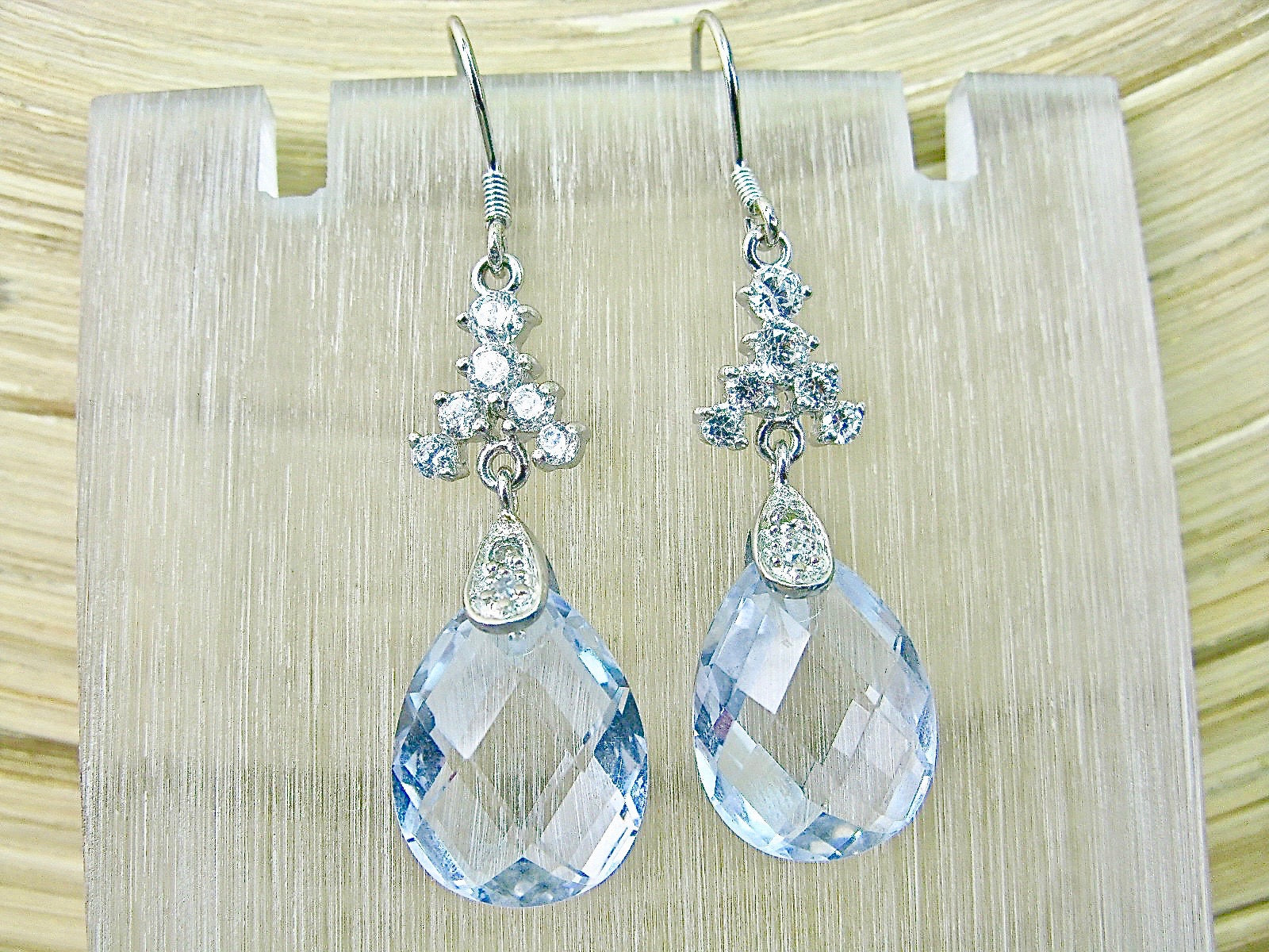 Blue Crystal Pear Shaped Dangle 925 Sterling Silver Earrings