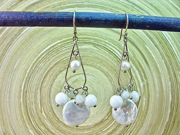 Coin Pearl White Agate Chandelier 925 Sterling Silver Earrings