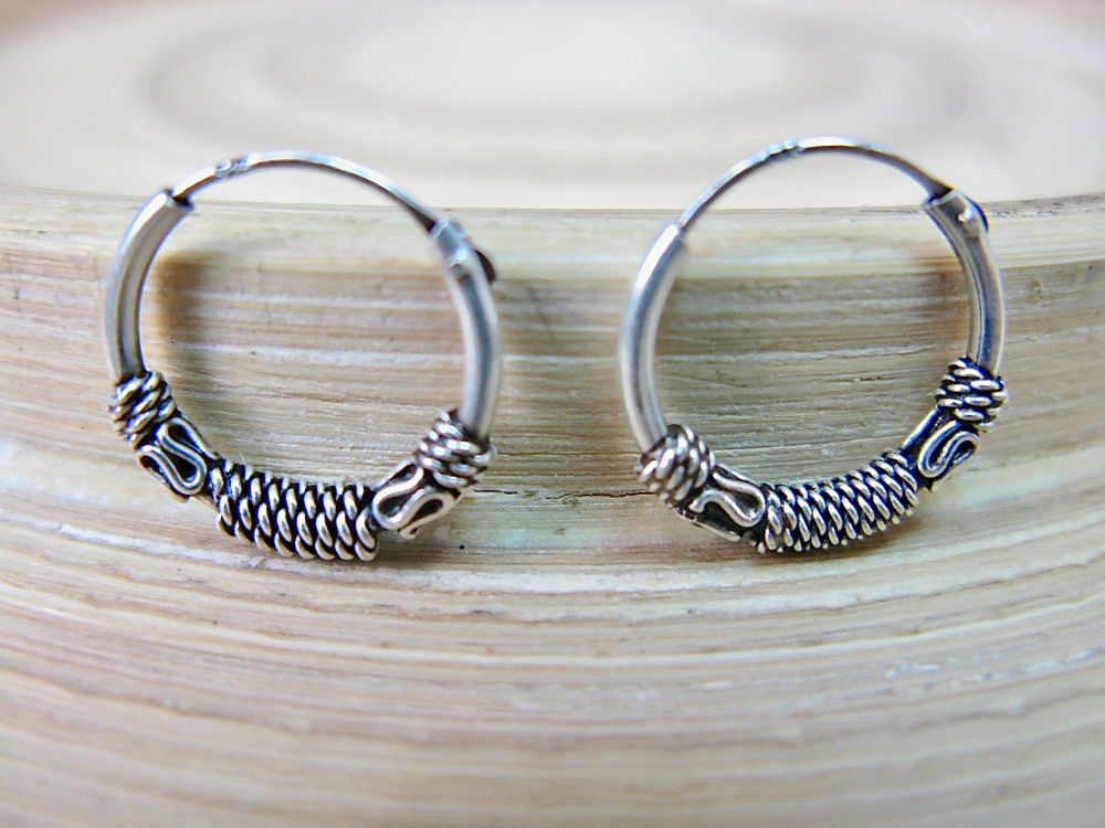14mm Balinese Oxidized 925 Sterling Silver Hoop Earrings
