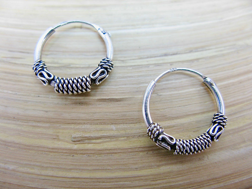 14mm Balinese Oxidized 925 Sterling Silver Hoop Earrings