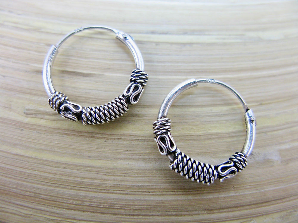 14mm Balinese Oxidized 925 Sterling Silver Hoop Earrings