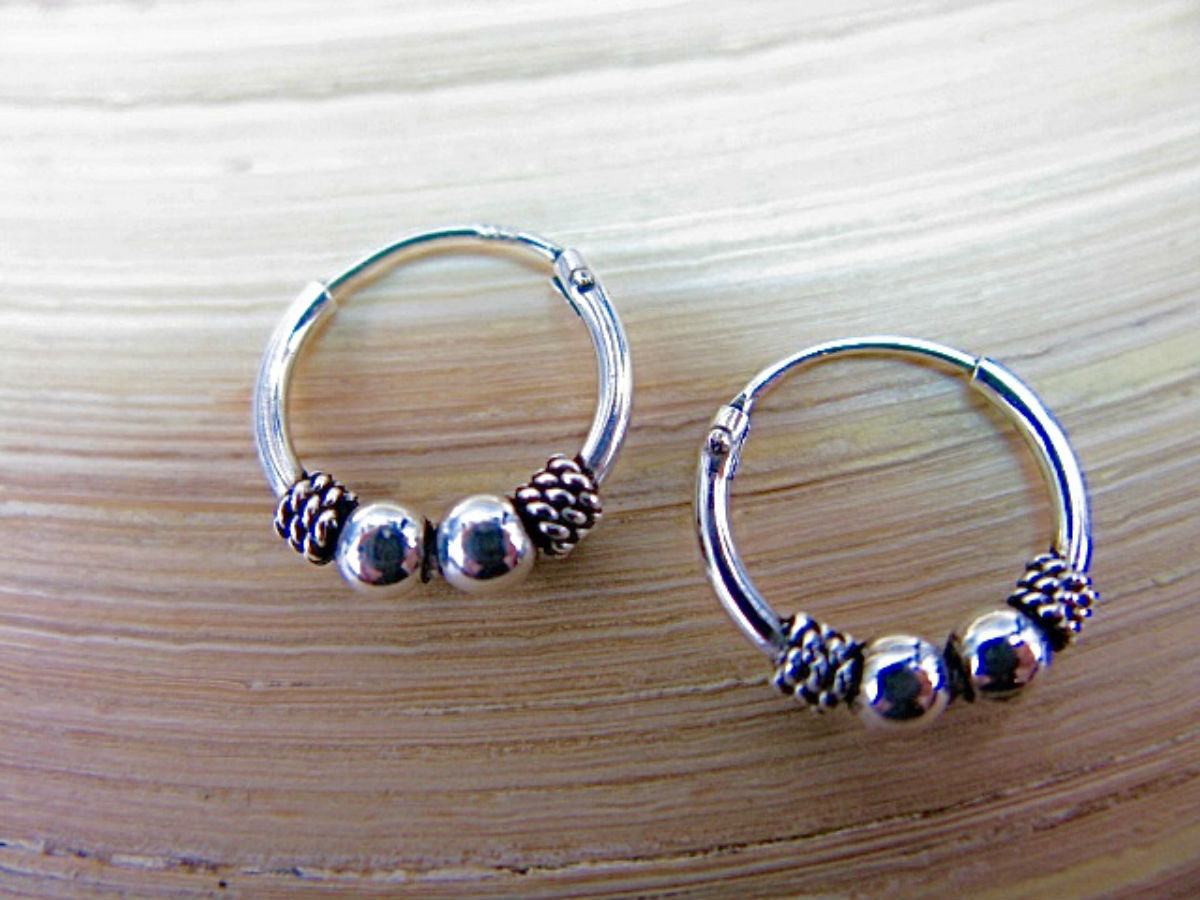 12mm Balinese Oxidized 925 Sterling Silver Hoop Earrings
