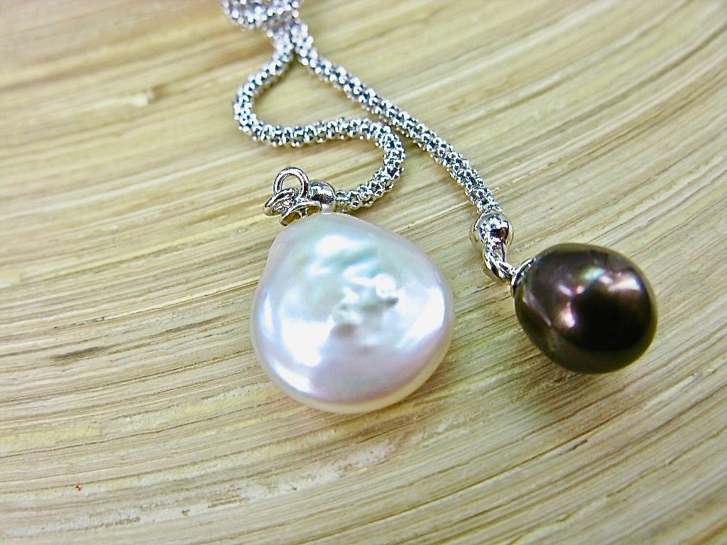 White & Chocolate Pearl Knot 925 Sterling Silver Necklace