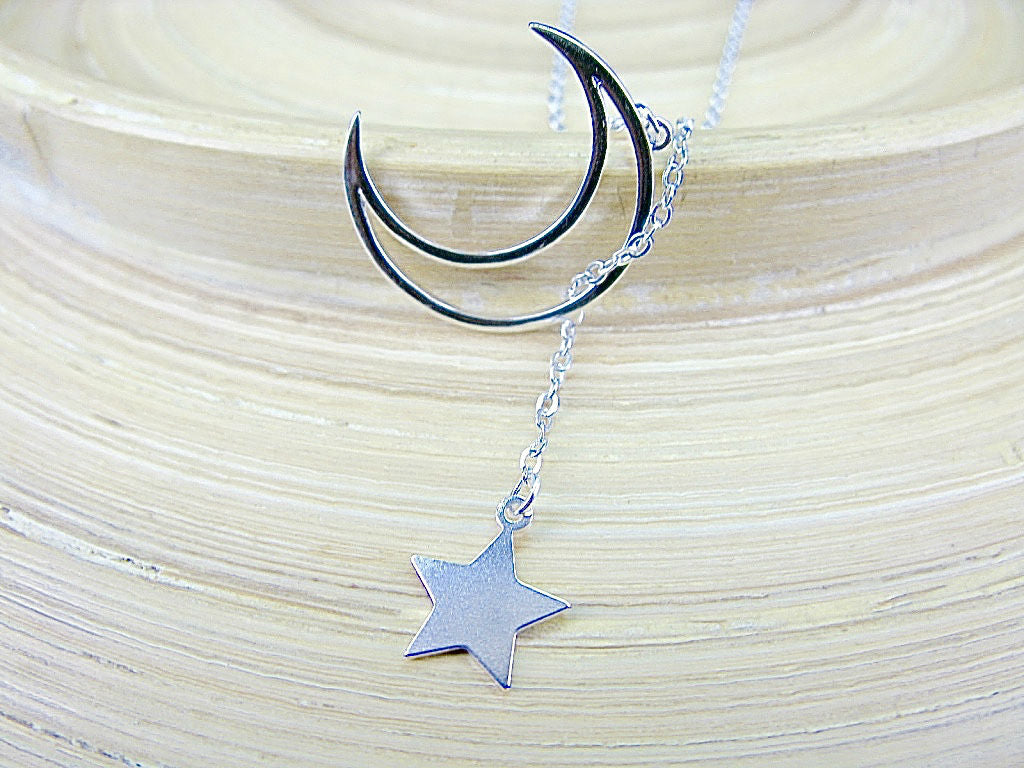 Crescent Moon Dangling Star Sterling Silver Pendant Necklace
