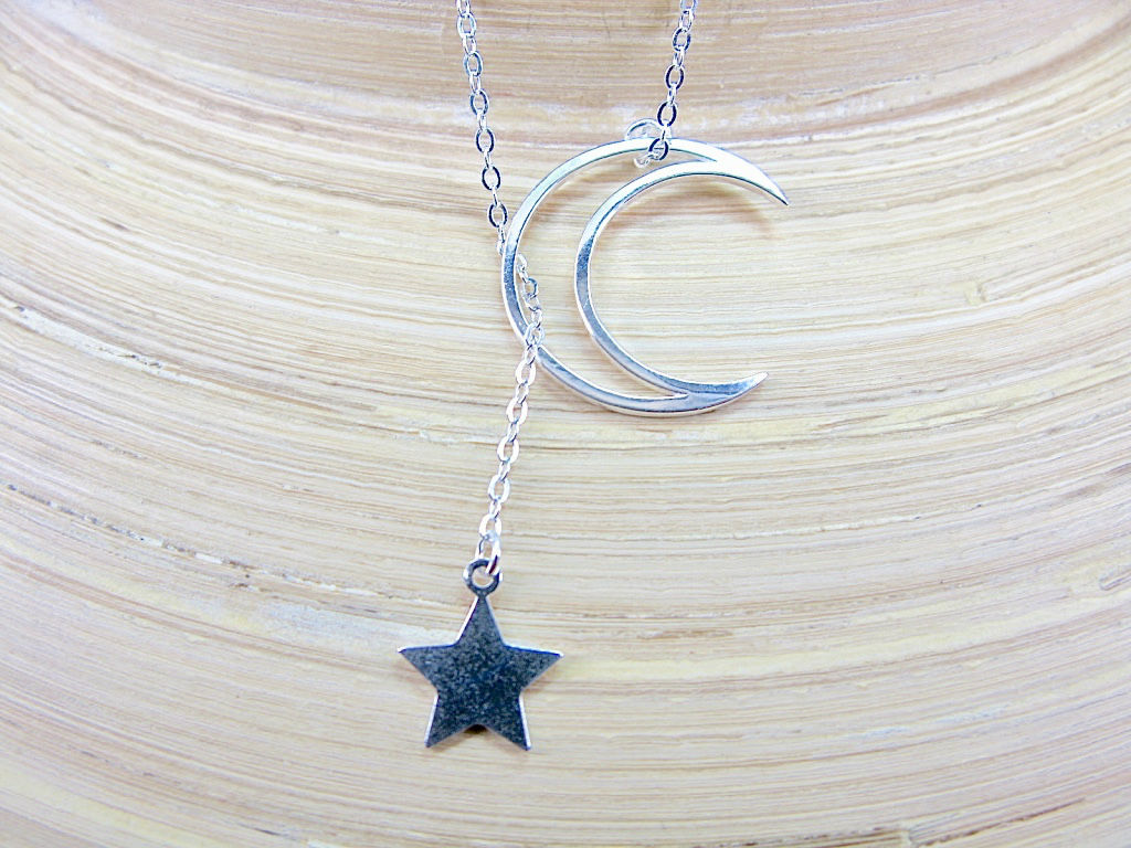 Crescent Moon Dangling Star Sterling Silver Pendant Necklace