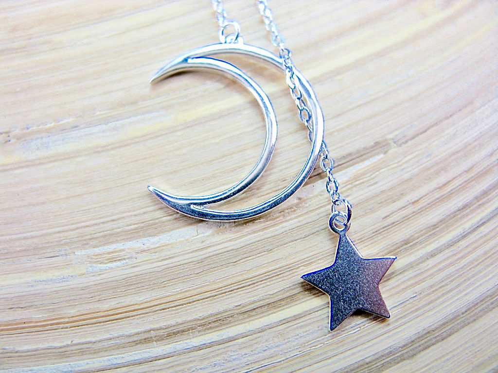 Crescent Moon Dangling Star Sterling Silver Pendant Necklace