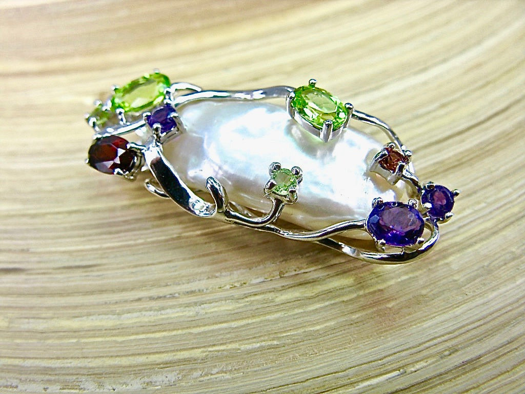 Baroque Pearl Multi Gemstone 925 Sterling Silver Pendant