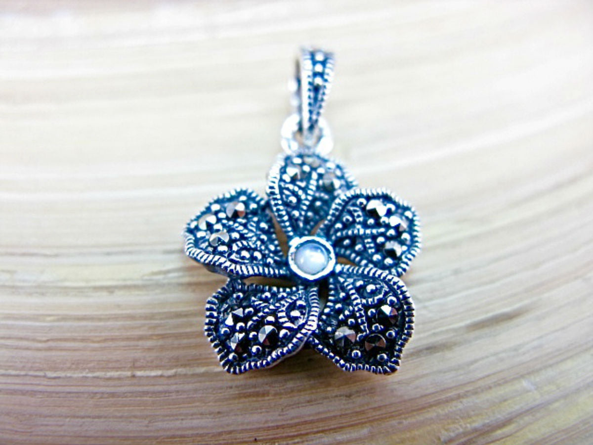 Flower Marcasite Mother of Pearl 925 Sterling Silver Pendant