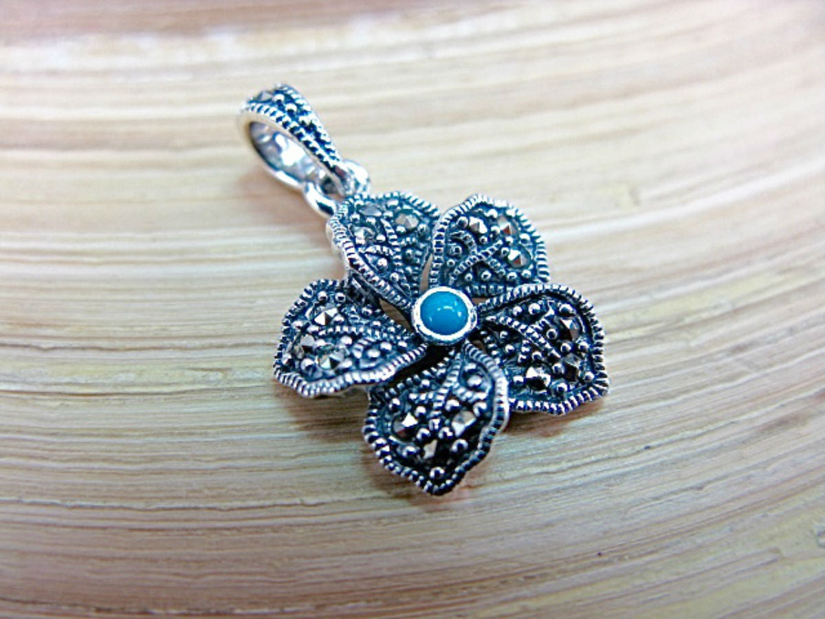Flower Marcasite Turquoise 925 Sterling Silver Pendant
