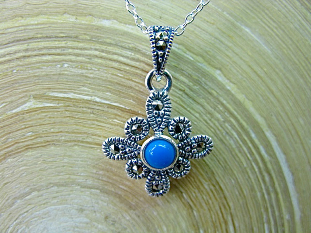 Flower Marcasite Turquoise 925 Sterling Silver Pendant