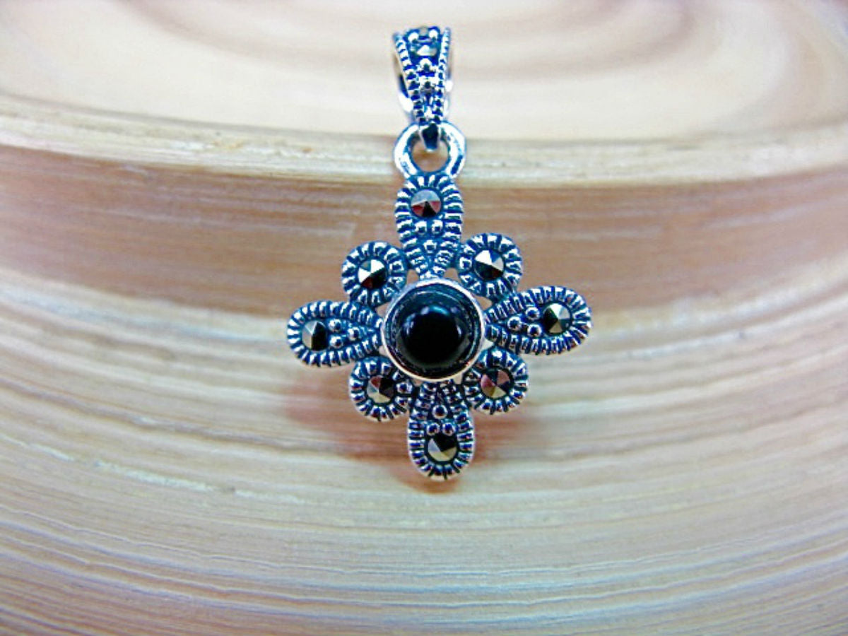 Flower Marcasite Onyx 925 Sterling Silver Pendant