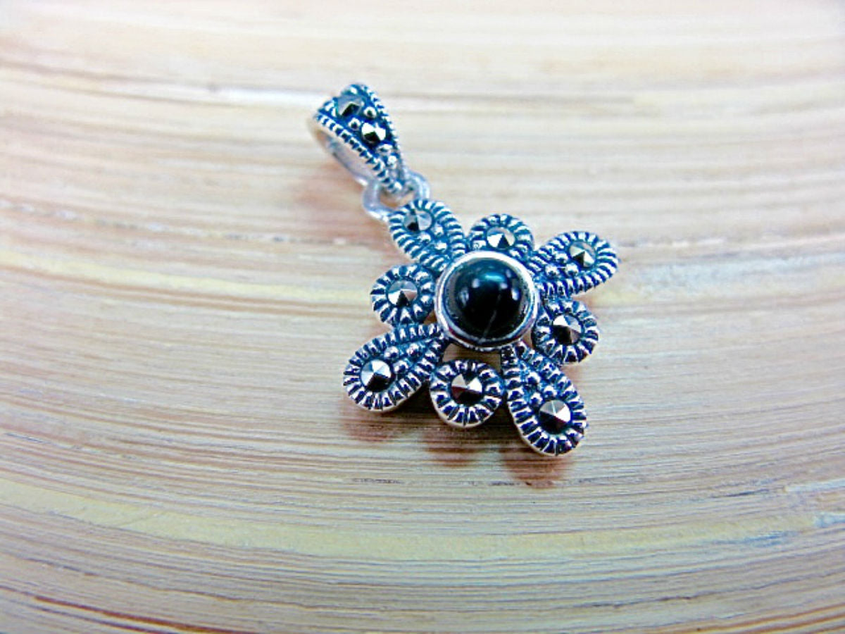 Flower Marcasite Onyx 925 Sterling Silver Pendant