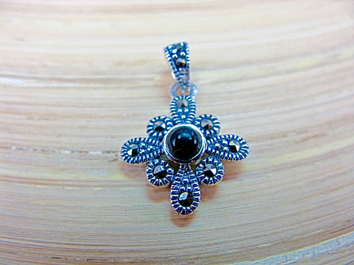 Flower Marcasite Onyx 925 Sterling Silver Pendant