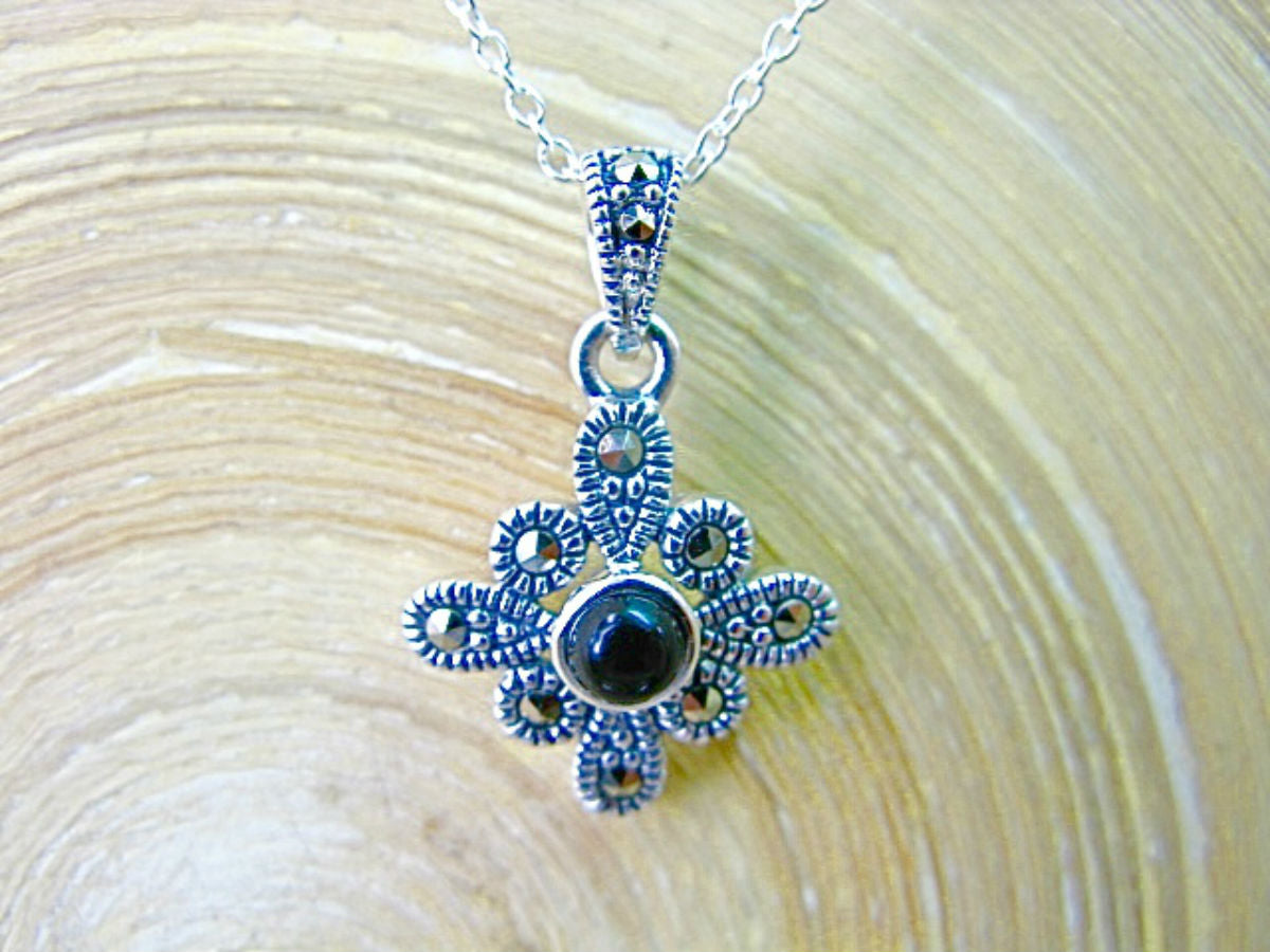 Flower Marcasite Onyx 925 Sterling Silver Pendant