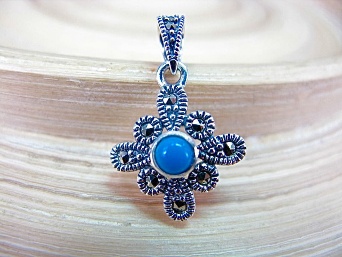 Flower Marcasite Turquoise 925 Sterling Silver Pendant
