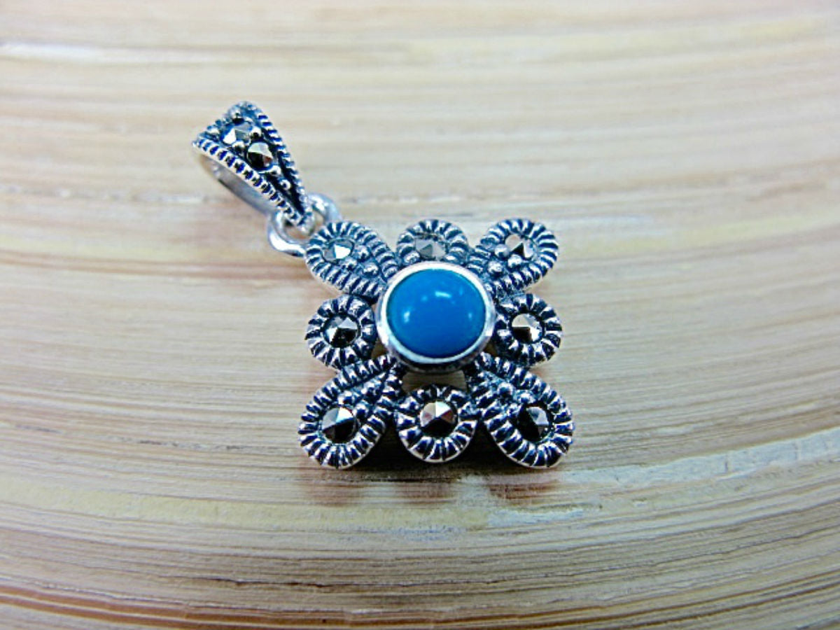 Flower Marcasite Turquoise 925 Sterling Silver Pendant